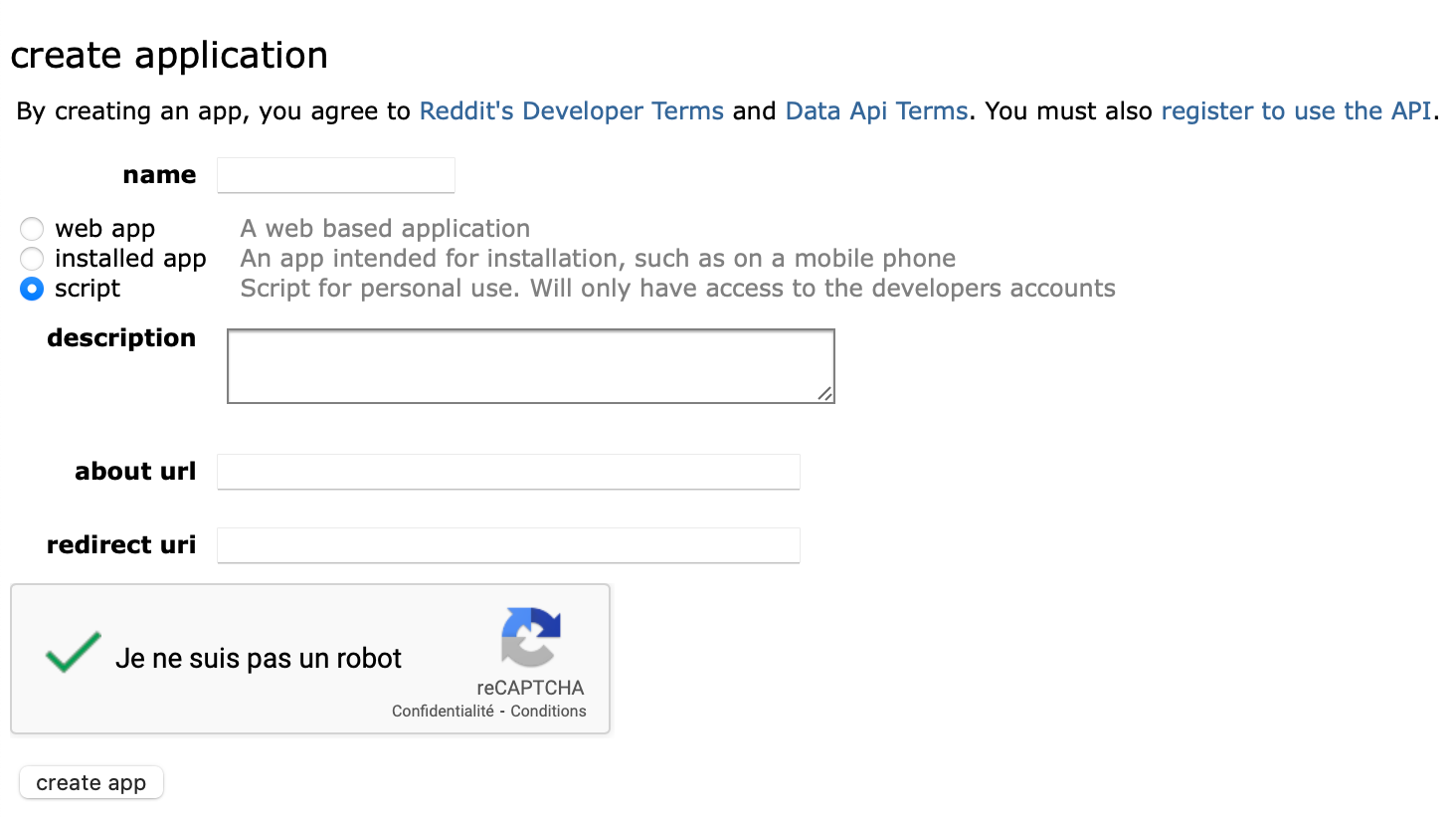 Remplissez le reste des informations de manière aléatoire et créez l’application