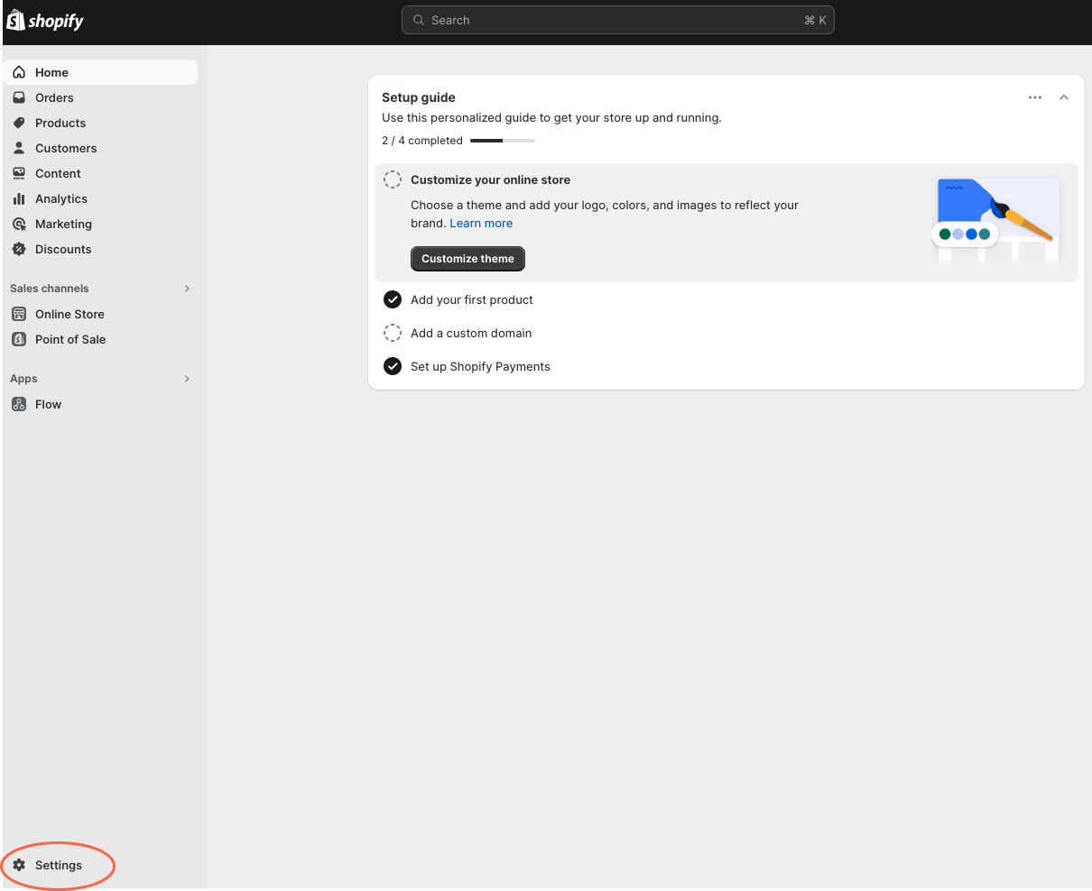 Accédez aux Paramètres de votre boutique Shopify.