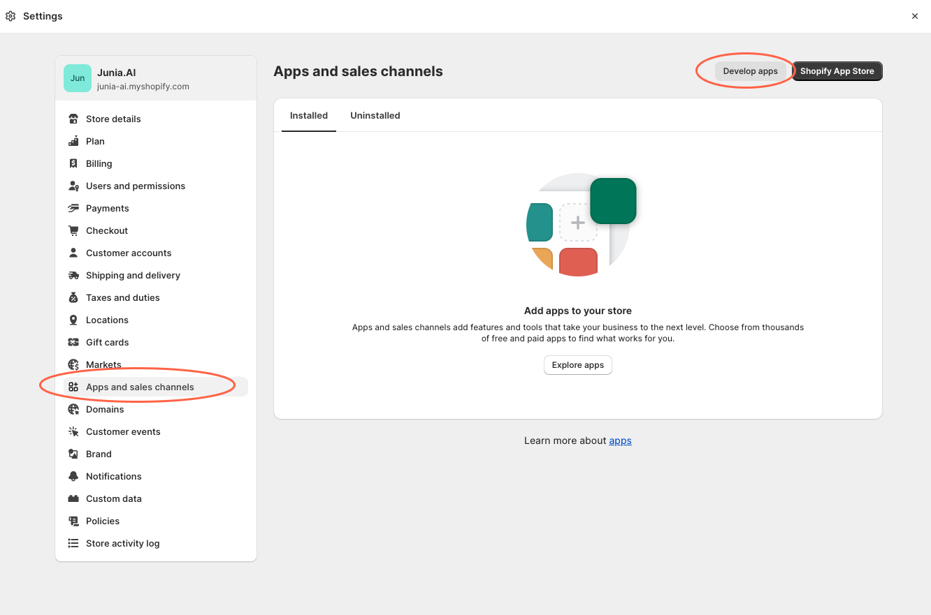 Sélectionnez l’onglet Applications et canaux de vente, puis cliquez sur Développer des applications.