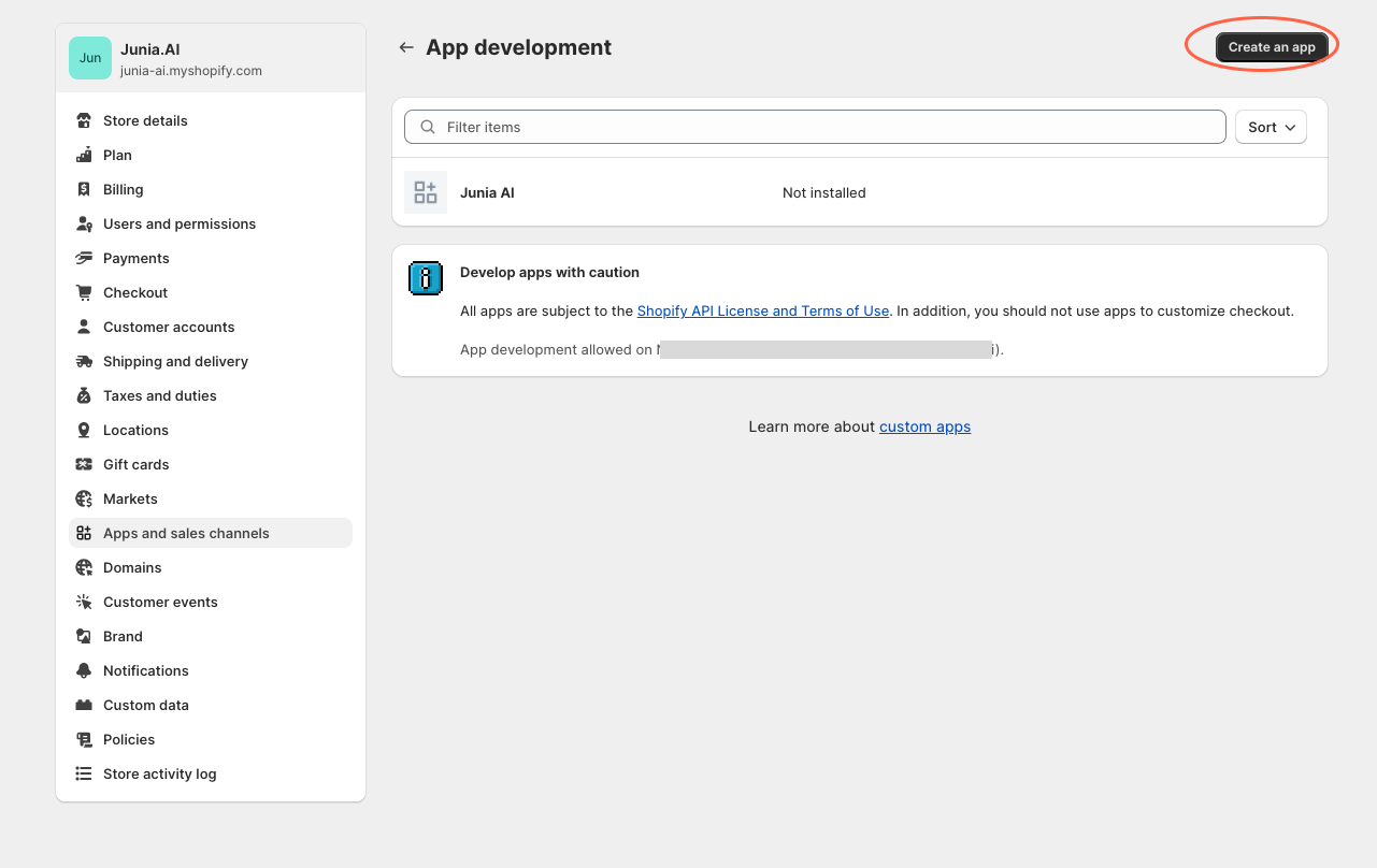 Cliquez sur Créer une application, et donnez un nom à votre application Shopify personnalisée.