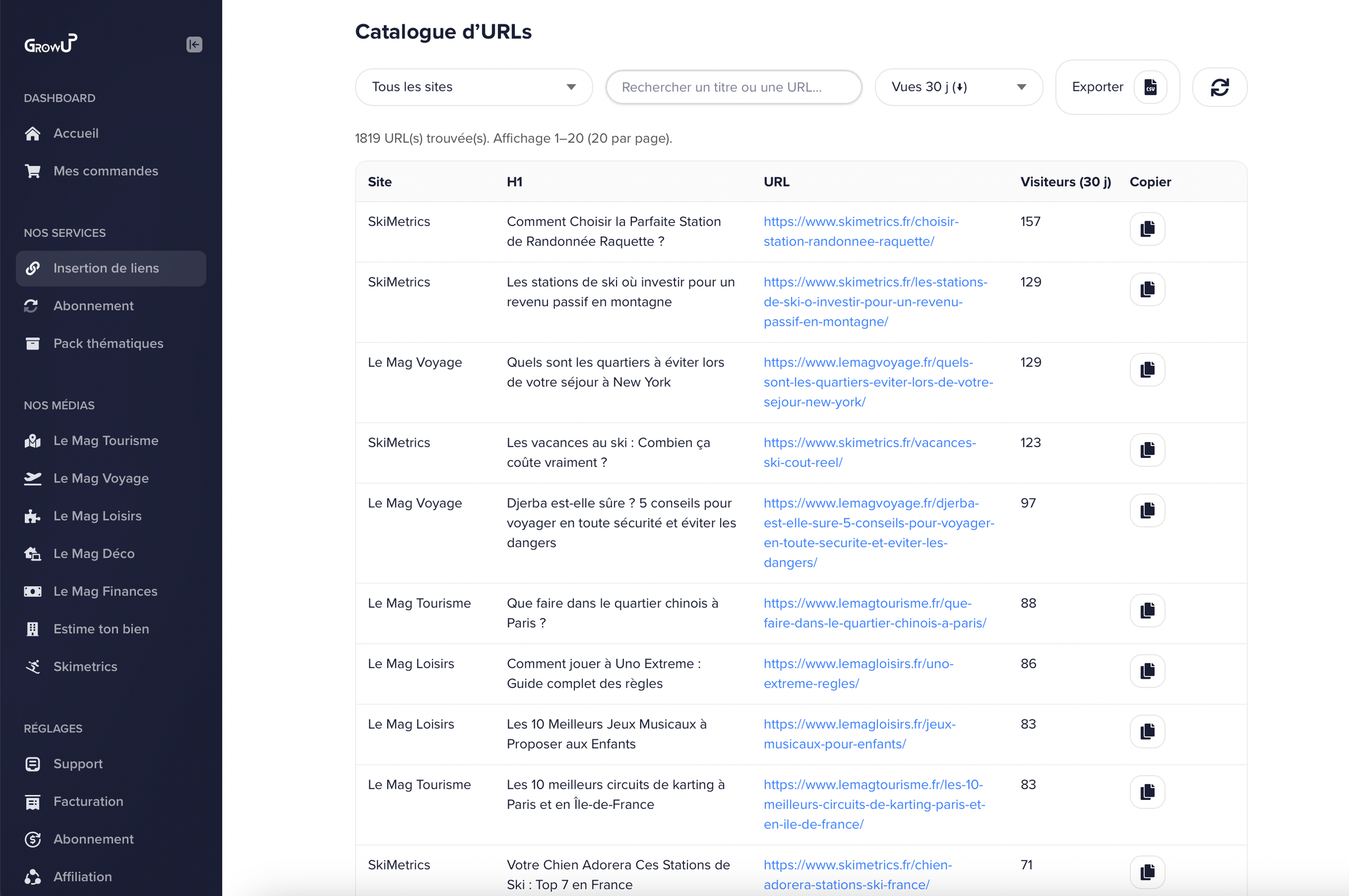 Catalogue d’URLs - Insertion de liens